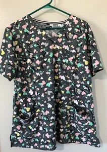 ELLE Scrub Top   Size XL   Hearts  Gray & Multicolored  Short Sleeves Silky Feel - Picture 1 of 8