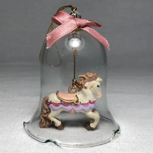 3” Vintage Ornament Glass Souvenir Bell With Carousel Horse And Pink Bow - Picture 1 of 6