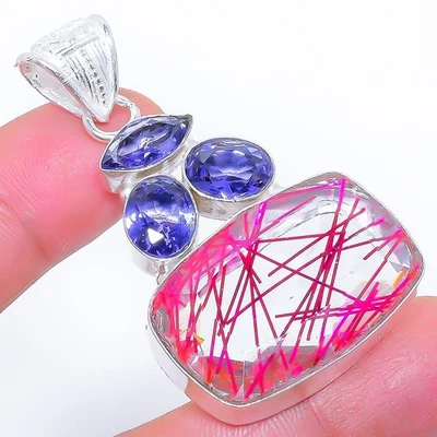 Quarzo rutilato rosa, pietra preziosa tanzanite argento sterling 925... - Immagine 1 di 4