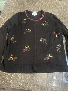 CJ Banks Black Cardigan with Festive Holiday Hand Embroidery Size 1X Holly Xmas - Picture 1 of 8
