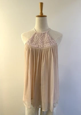WISH - Beaded Strappy "Myth Top" - Size 14 - Delicate Pink Silk - FREE GIFT - image 1 of 4