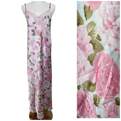 Maxi Camisón Vintage Jaclyn Smith Rosa Floral Brillante Satén Encaje 3X Babydoll Y2K Foto 1 de 4