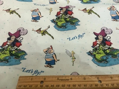 Sold By The Yard.  Peter Pan Captain Hook On Light Blue . For Quilts Crafts. - Image 1 of 4