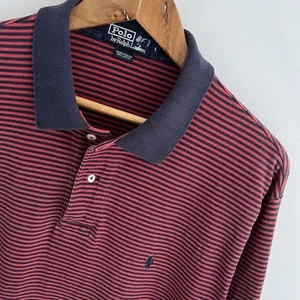 Polo Ralph Lauren Vintage L Grande Para Hombre Rojo Azul Marino Rayas Manga Corta - Imagen 1 de 9