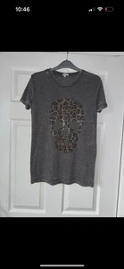 River Island Faded Grey Embellished Skull T-Shirt, size 8. - Picture 1 of 1