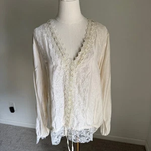 Anthropologie Beyond Vintage cremefarbene Damenbluse Baumwolle Seide Spitze Large - Bild 1 von 10