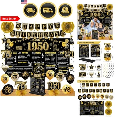Kit Decoraciones 75 Cumpleaños para Hombre Mujer Negro Dorado Vintage 1950 Globos Foto 1 de 4