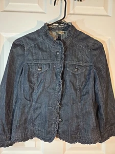LOFT Dark Navy Blue Lettuce Trim Denim Buttoned Jean Denim Jacket Sz 2--XS - Picture 1 of 7