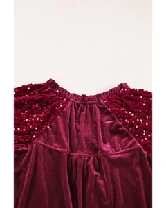 Red Dahlia Sequin Patchwork Sleeve Button Up Velvet Top - S - Picture 1 of 10