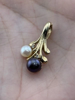 14k Yellow Gold Black Tahitian & White Pearl Enhancer Pendant w Diamond Accents - Image 1 of 4