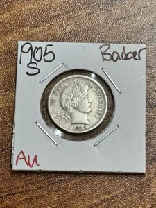 Moneda de diez centavos de plata de barbero S 1905 bonita AU sin circular tipo 10c de Estados Unidos (Raw16537) - Imagen 1 de 2