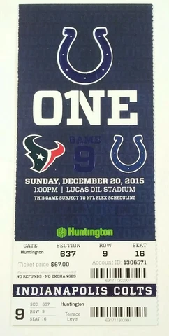 2015 Indianapolis Colts vs Houston Texans NFL Football Full Ticket Stub Cover