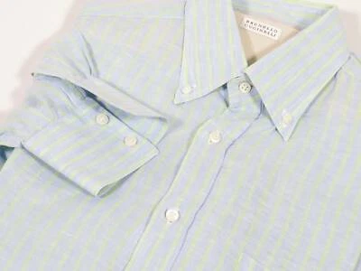 Brunello Cucinelli Light Blue and Green Striped 100% Linen Shirt, XL, Italy  - Image 1 of 4