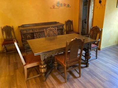 Juego de comedor antiguo, estilo jacobeo, renacimiento inglés, roble tallado, Hodell Co Foto 1 de 4