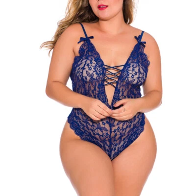 Sexy lencería de encaje de una pieza de peluche para mujer talla grande Babydoll Body Prendas para dormir Foto 1 de 4