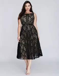 Lane Bryant Lace Midi A-Line Pleated Dress Womens 26W Plus Black Party Cocktail - Picture 1 of 11