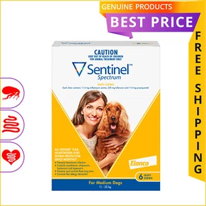 SENTINEL Spectrum 6 Doses for Dog 11 to 22Kg Flea Worms Heartworm Control YELLOW - Picture 1 of 2