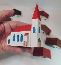 Vtg Mini Christmas Village Houses Wood Set Of 10 Church Houses European Look