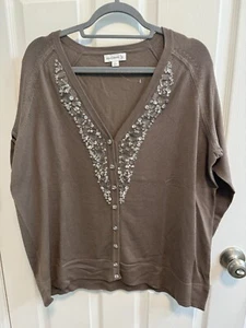 Susan Graver XL 3/4 Arm Strickjacke Klar Kristall Perlen Knopfleiste Braun Neu - Bild 1 von 12