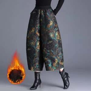 Women Fleece Lined Boot Pants Floral Jacquard Wide-leg Harem Ankle Trousers Warm - Picture 1 of 9