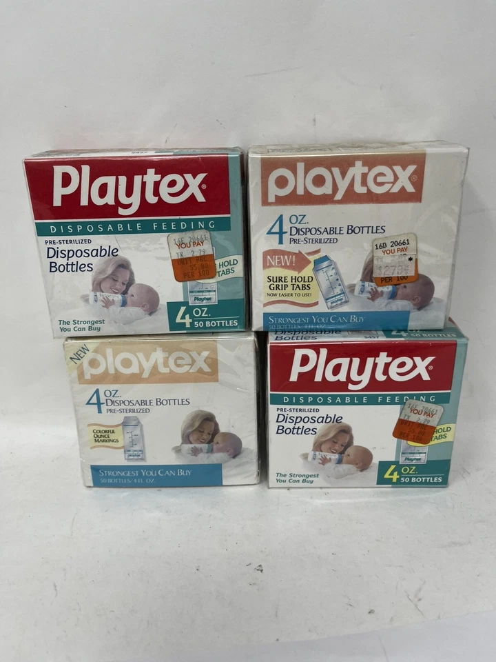 4 x 50-Playtex одноразовые детские бутылочки уверенно держать захват вкладки 4 унций новый запечатанный 1995 - Изображение 1 из 2