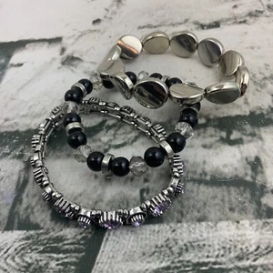 Fashion Jewelry Bracelet Lot Silver Toned Black Beads Purple Stones - Picture 1 of 5
