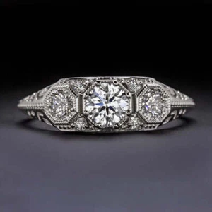 3/4ct LAB CREATED DIAMOND VINTAGE STYLE ENGAGEMENT RING 3 STONE IDEAL ROUND CUT - Picture 1 of 2