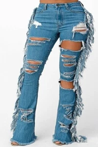 High Rise Flare Jeans Heavy Destroyed & Side Denim Tassel - Picture 1 of 7