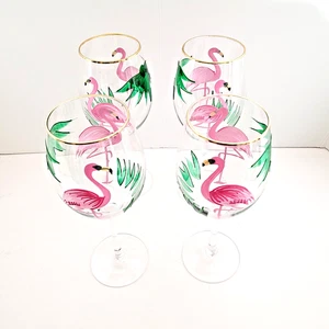 Set of 4 Wine Glasses Hand Painted Pink Flamingo Green Palm Fronds Gold Tone Rim - Picture 1 of 16