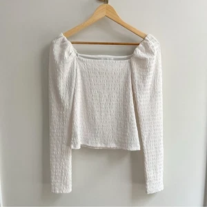 H&M White Smocked Puff Sleeve Or Off The Shoulder Long Sleeve Top XS - Picture 1 of 5