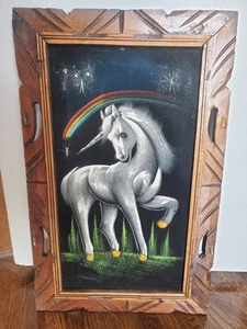 Vintage 1970s BLACK VELVET UNICORN PAINTING FRAMED Art Print 21.5x13” - Picture 1 of 6