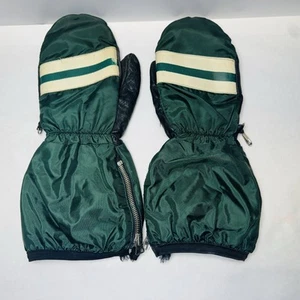 Vtg Snowmobile Mittens Made In Canada Green with White Stripe Zip Sides Size L - Picture 1 of 12