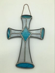 VINTAGE STAINED GLASS CROSS WITH CHAIN FOR HANGING - Picture 1 of 2