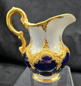 Meissen Porcelain CREAMER Cobalt Blue Gold Trim 4.25" Rococo Crossed Swords Mark - Picture 1 of 17