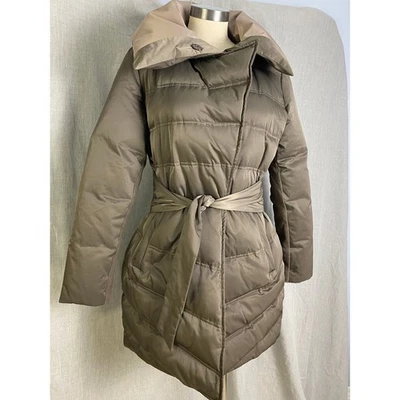 Elie Tahari Taupe Puffer Coat Belted Hooded Long Quilted Down Jacket Women's L - Image 1 of 4