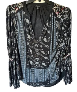 Lucky Brand Damen Large schwarz Aztekenmuster bestickt Langarm V-Ausschnitt Shirt - Bild 1 von 6