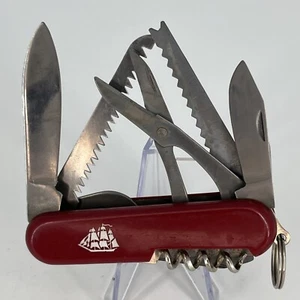 Vintage JAPAN Red Pocket Knife Multi Tool - SHIP LOGO - 11 Tools! - Picture 1 of 10