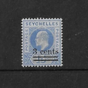 Seychelles 1903 EDVII 3c sobre 15c 'Marco abollado' SG57a LHM Cat £275 - Imagen 1 de 2