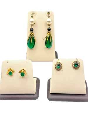 Vintage Green Earrings Trio Set - Drop, Clip-On & Stud - Gold Plated Accents - Image 1 of 4