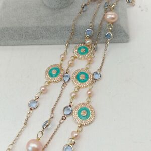 Pink Pearl Crystal CZ Long chain Necklace Earrings Set 48''