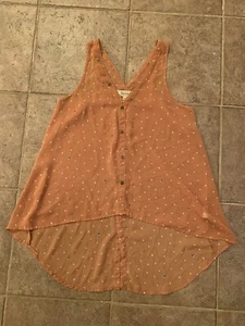 Decree Medium Sheer V Neck Hi Lo Tank Top Mustard Yellow Gold White Polka Dot - Picture 1 of 8