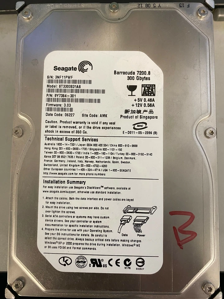 SEAGATE  ST3300831AS 300GB SATA 3.5" P/N: 9Y7384-301 - Image 1 of 1