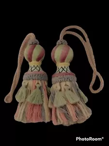 Mckenzie Childs Tassels Ceramic Hand Painted Curtain Tie Backs Pastel Color Pair - Picture 1 of 9
