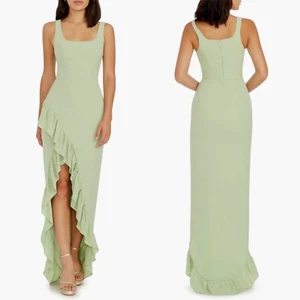 NEW DRESS THE POPULATION Sage CHARLENE Square Neck ASYMM RUFFLE Side Slit GOWN M - Picture 1 of 21