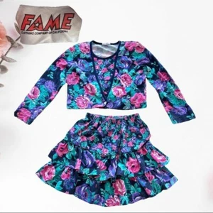 RARE VTG 80's/90's FAME 2 Piece Floral L/S Crop Top & Ruffled Tiered Skirt Set - Picture 1 of 12