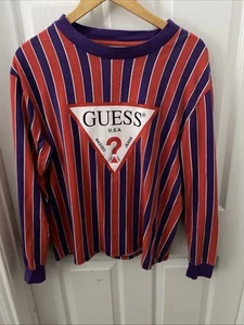 Guess Shirt Mens Red Purple Vertical Striped Triangle Logo Retro Y2K Small - Picture 1 of 5
