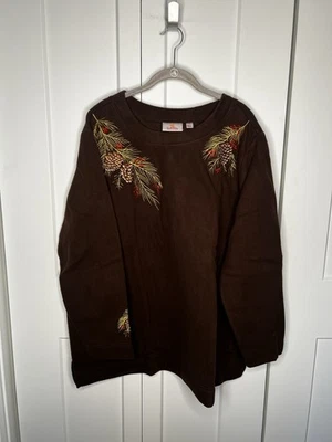 Quacker Factory Sequin Pinecone Embroidery Fleece Sweater NWT Women's Plus 2X - Image 1 of 4