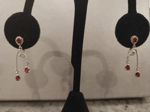Sanguine Sapphire Drop Earrings in Rhodium Over Sterling Silver 1.10 ctw - Picture 1 of 12