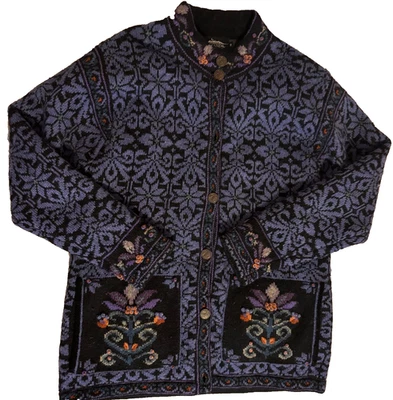 Icelandic Designs Wool Sweater Jacket Small Purple Embroidered, Buttons - Image 1 of 4