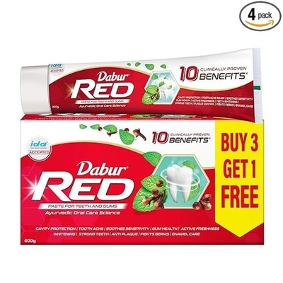 Dabur Red Ayurvedic ToothPaste For Strong Teeth Healthy Gums 4 x 150gm each - image 1 of 4